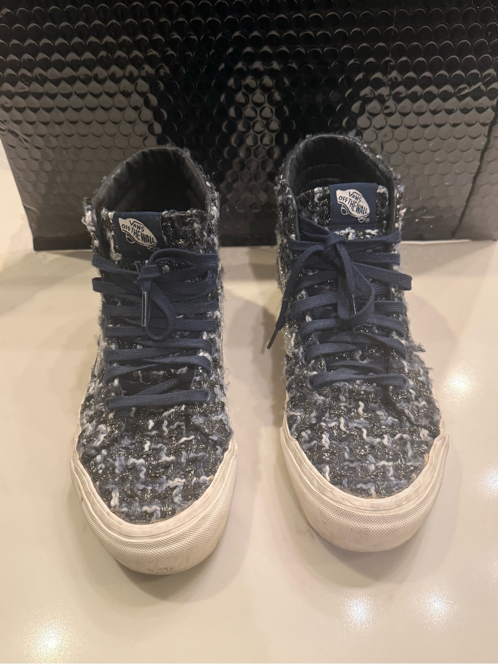 Vans High-Top Tweed Sneakers in Navy and White